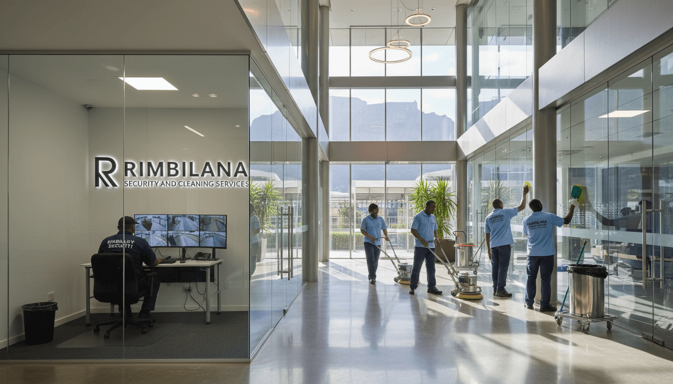 Rimbilana team providing security and cleaning services in a modern commercial building.