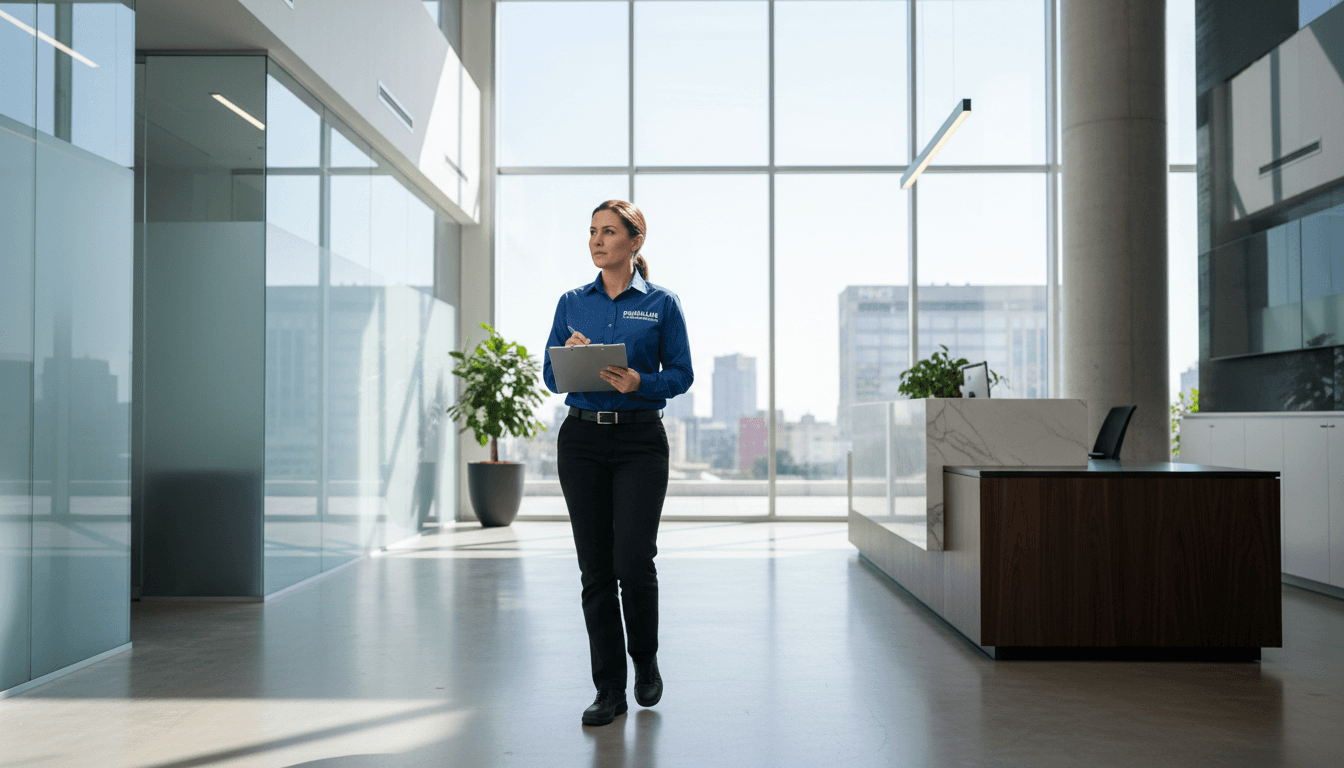 Rimbilana staff member in uniform examines a modern office lobby with a clipboard