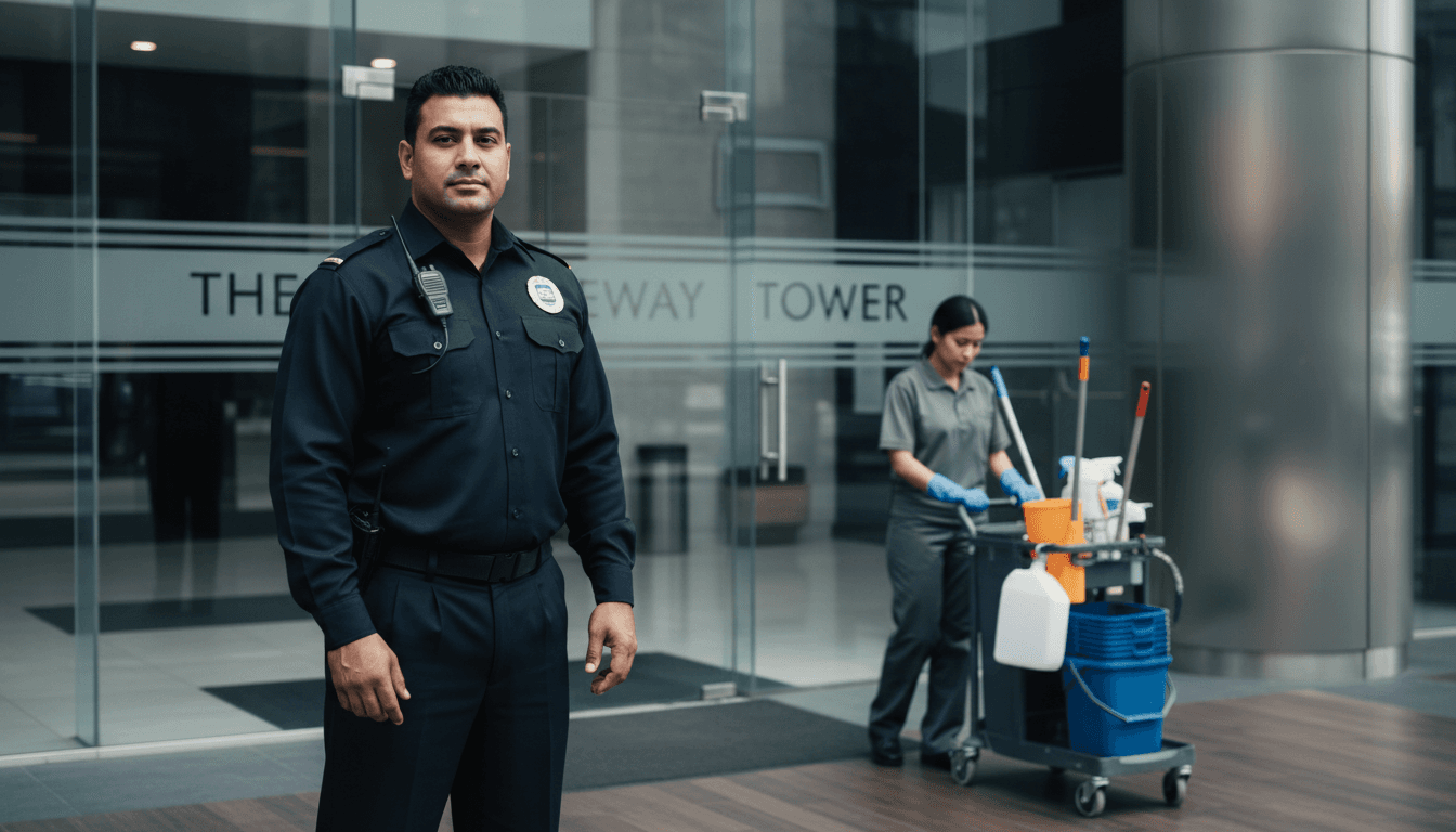 Security guard and cleaning professional at a commercial property in Cape Town