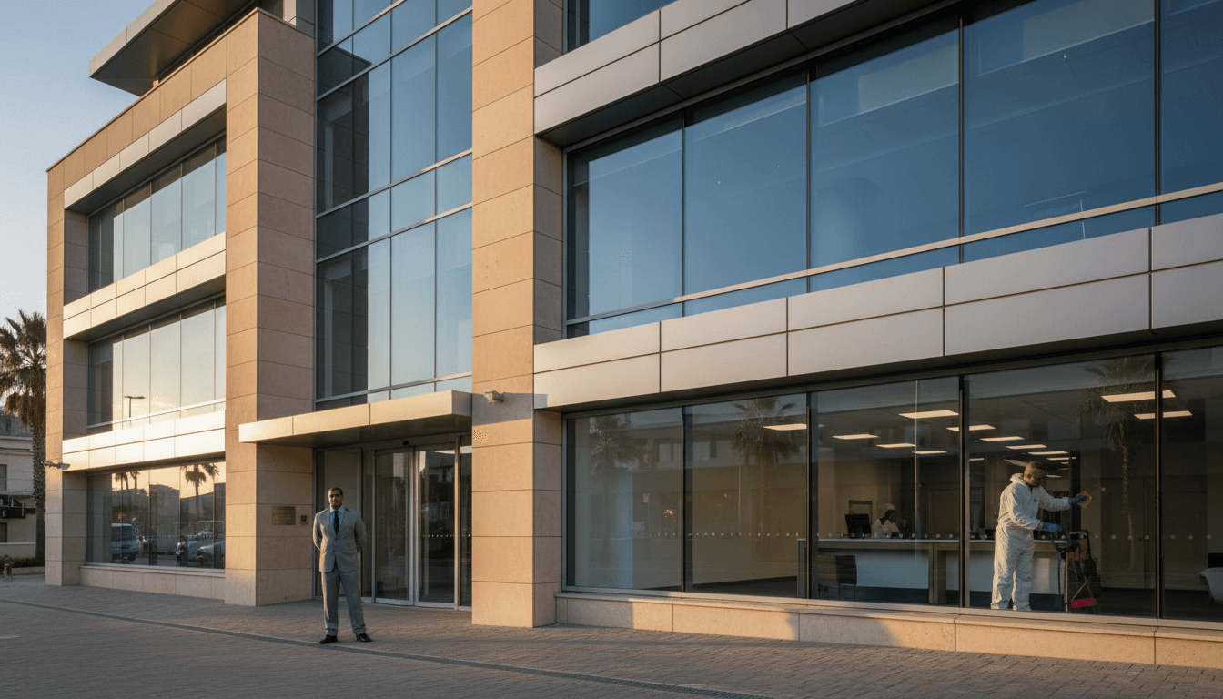 Cape Town office building with security and cleaning staff on duty