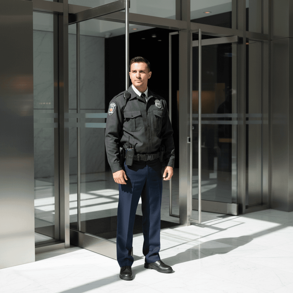 Security guard checking a badge reader at an office building entrance