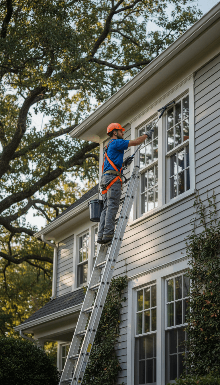Maintenance worker on a ladder inspecting a storefront awning