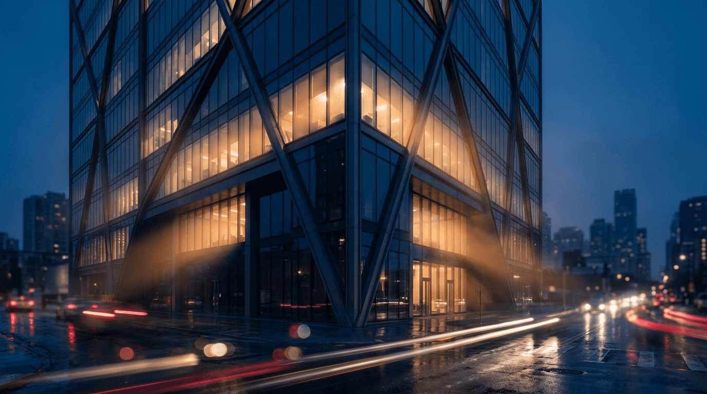 Security officer standing at a commercial building entrance at dusk