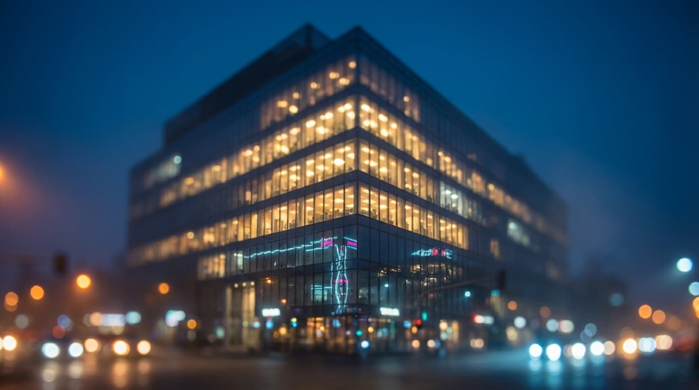Security guard patrolling a modern building lobby at dusk