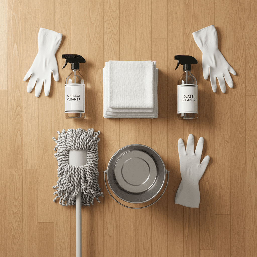 Cleaning supplies and safety gear arranged on the floor