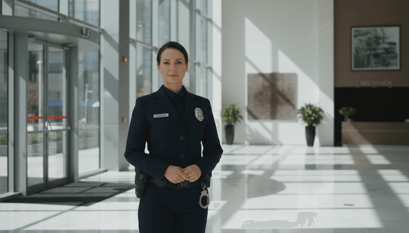 Professional security guard and cleaner in a commercial building lobby