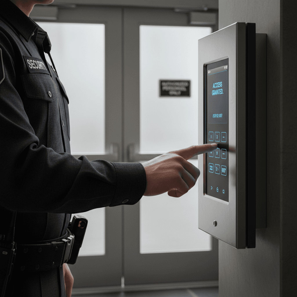 Security professional's hands confidently operating digital access control panel in uniform